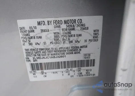 2010 Lincoln Mkx z USA, uszkodzony, nr VIN 2LMDJ6JC1ABJ32601